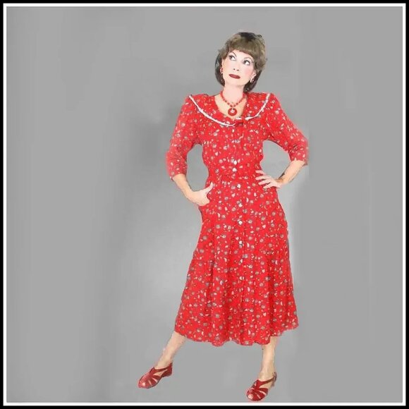 40s Style Red Dress, Sailor Collar Floral Frock with Pockets VFG 80s Vintage - Picture 5 of 14